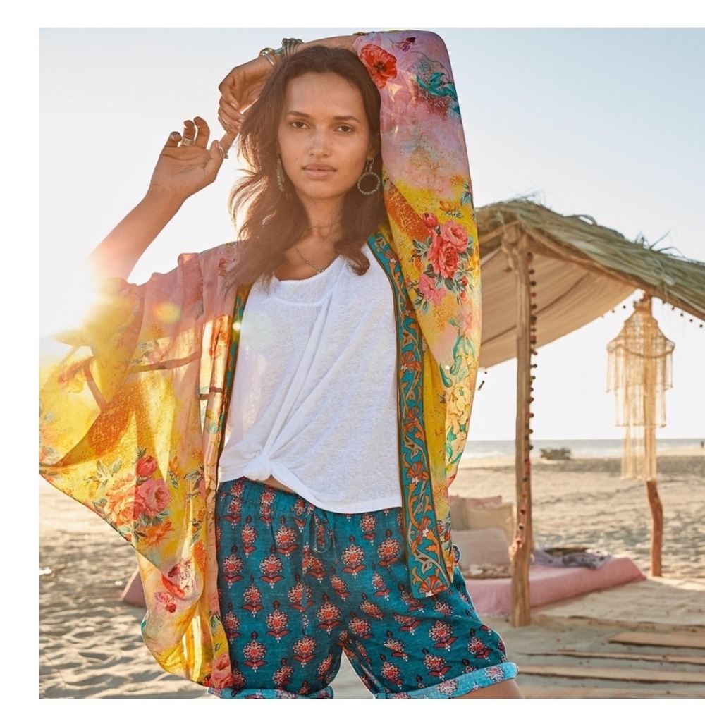 Anthropologie Feathers by Tolani Kimono Top Blouse Marlow Lemon One Size
